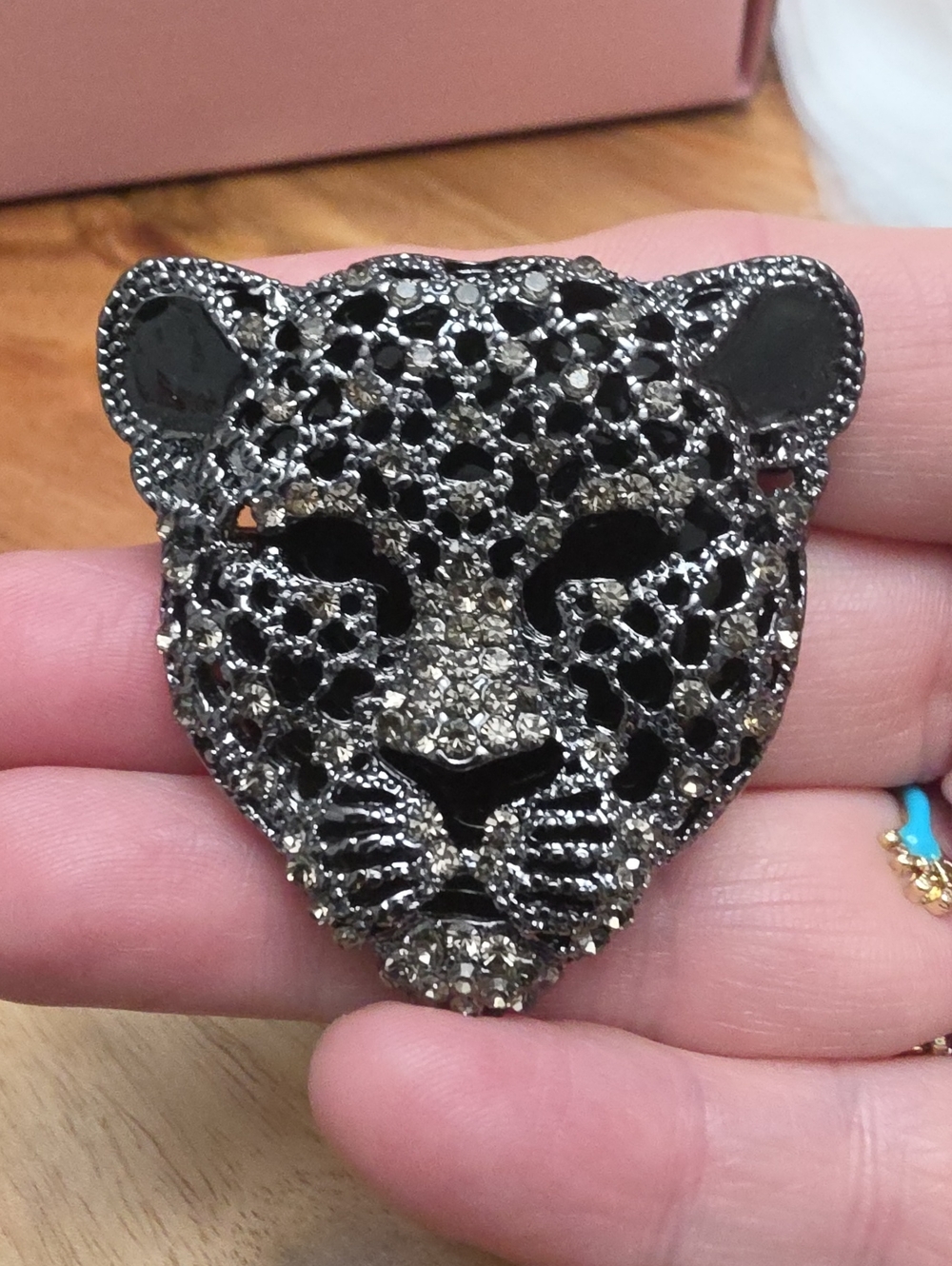 A102- Black and Silver Crystal Leopard Brooch